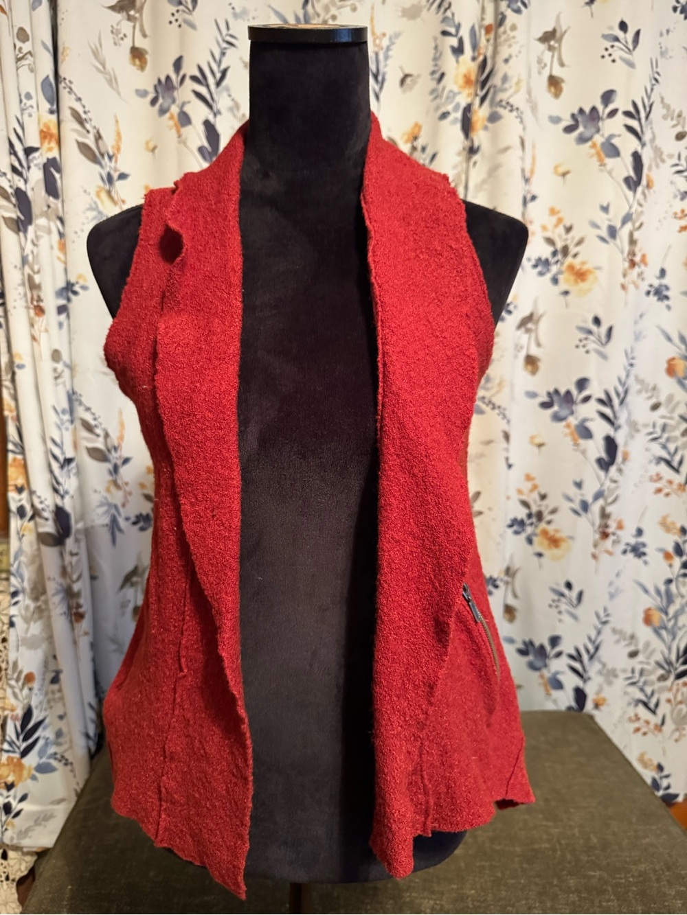 Rust Colored Textured Open Front Wool Vest With Zipper Pockets